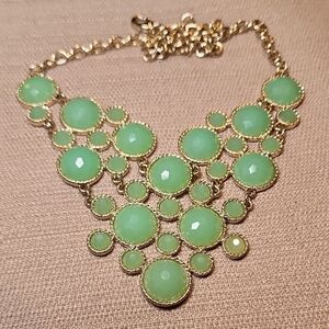 Green and Gold-Tone Bib Necklace with Round Faceted Stones, Pre-loved in EC